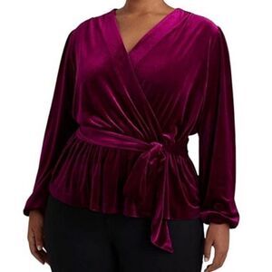 Lauren Ralph Lauren Belted Velvet Surplice Wrap Blouse Plus Size 3X Black Label